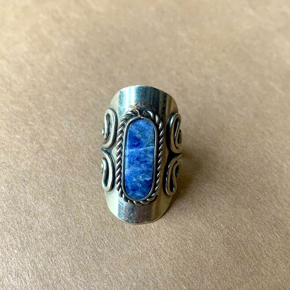 Silver Metal Sodalite Blue Stone Statement Ring